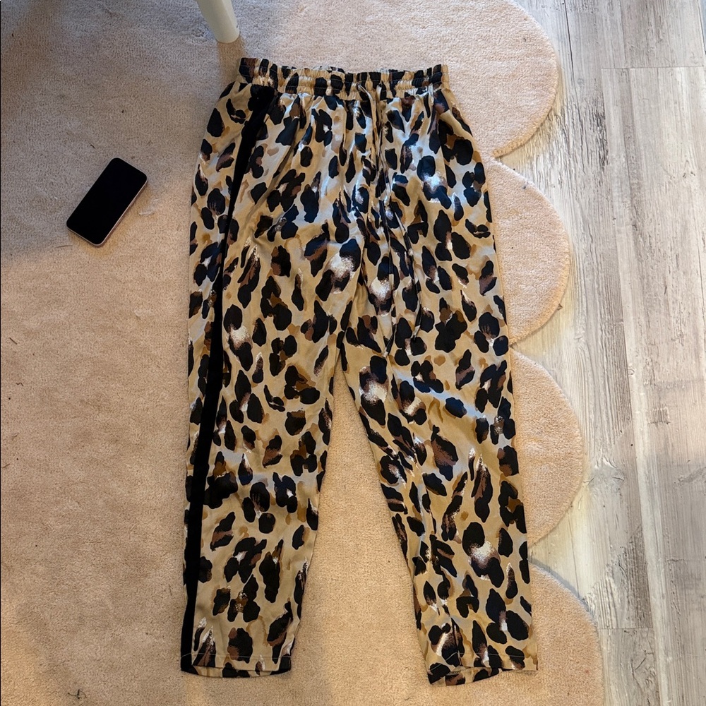 Leopard silk elastic waist draw string pant